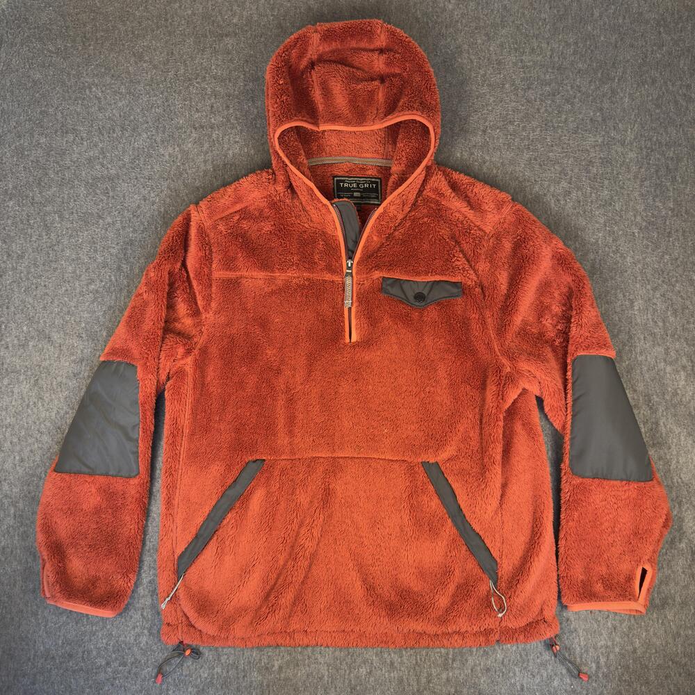 True Grit Hoodie Mens LT Red Orange Faux Fur Fleece 1/4 Zip Pullover Pockets
